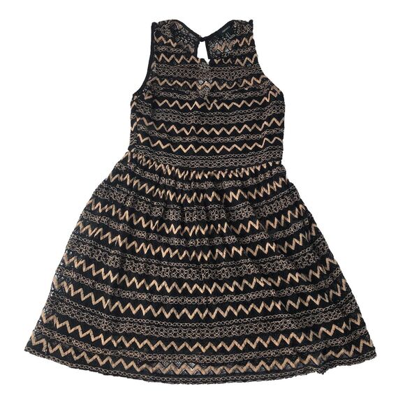 Forever 21 Juniors Sleeveless Black Gold Zig Zag Crochet/Lace Mini Dress Small - Picture 1 of 13